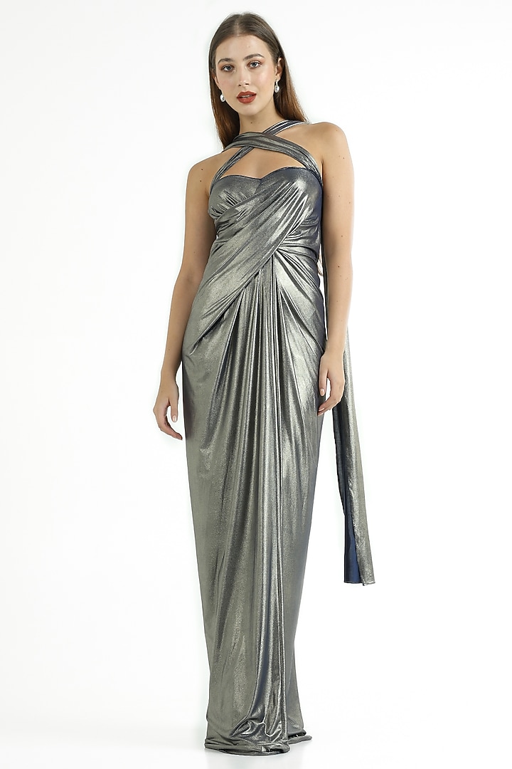 Metallic Blue & Grey Knit Lame Gown by CHAM CHAM at Pernia's Pop Up Shop