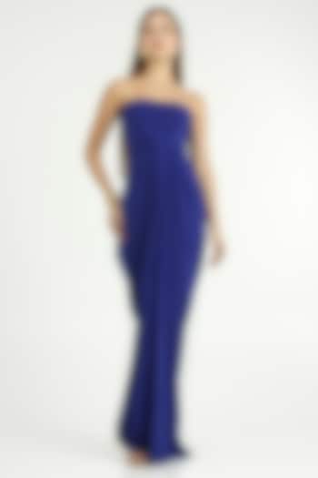 Ink Blue Stretch Knit Off-Shoulder Draped Gown by CHAM CHAM at Pernia's Pop Up Shop