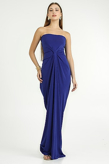 Ink Blue Stretch Knit Off-Shoulder Draped Gown by CHAM CHAM at Pernia's Pop Up Shop