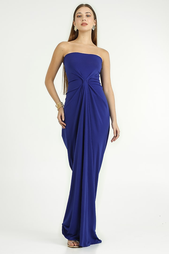Ink Blue Stretch Knit Off-Shoulder Draped Gown by CHAM CHAM at Pernia's Pop Up Shop