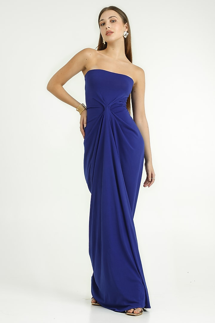 Ink Blue Stretch Knit Off-Shoulder Draped Gown by CHAM CHAM at Pernia's Pop Up Shop