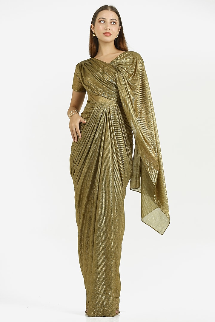 Gold Self Pleated Knit Party Wear Gown by CHAM CHAM at Pernia's Pop Up Shop
