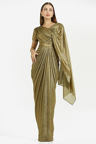 Gold Self Pleated Knit Gown by CHAM CHAM