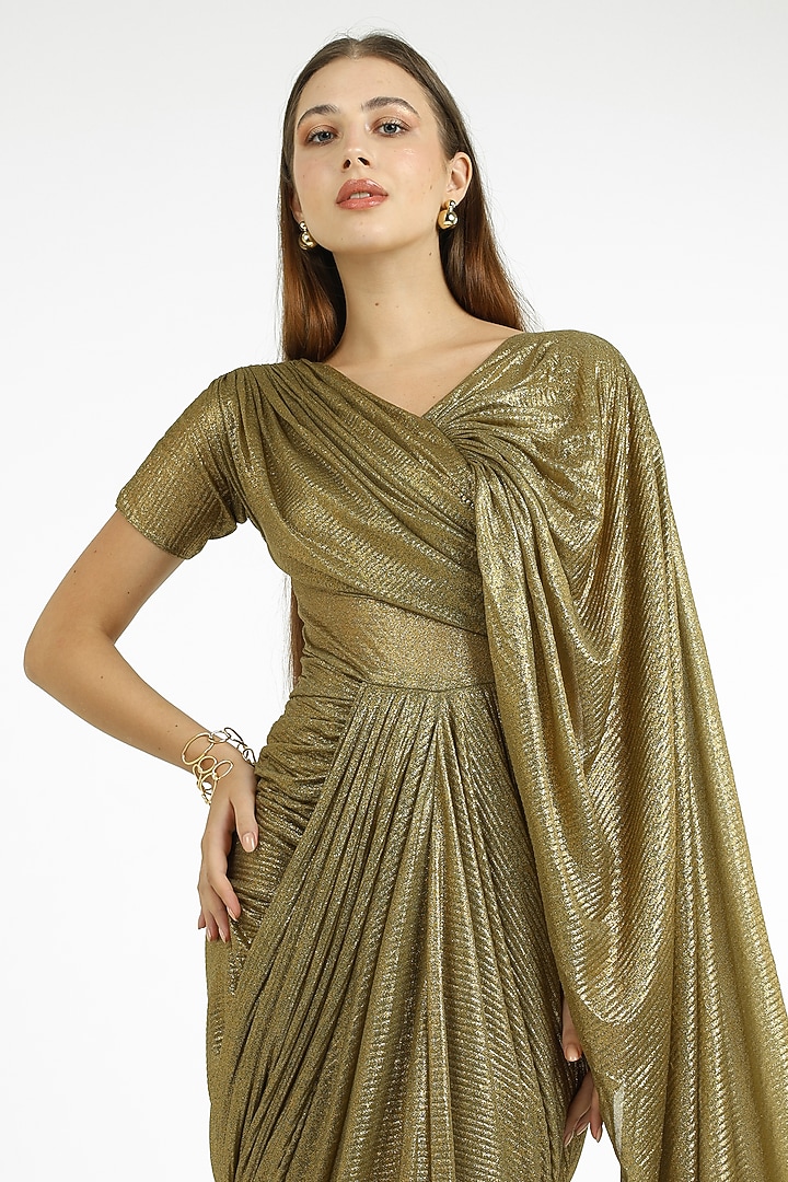 Gold Self Pleated Knit Party Wear Gown by CHAM CHAM at Pernia's Pop Up Shop