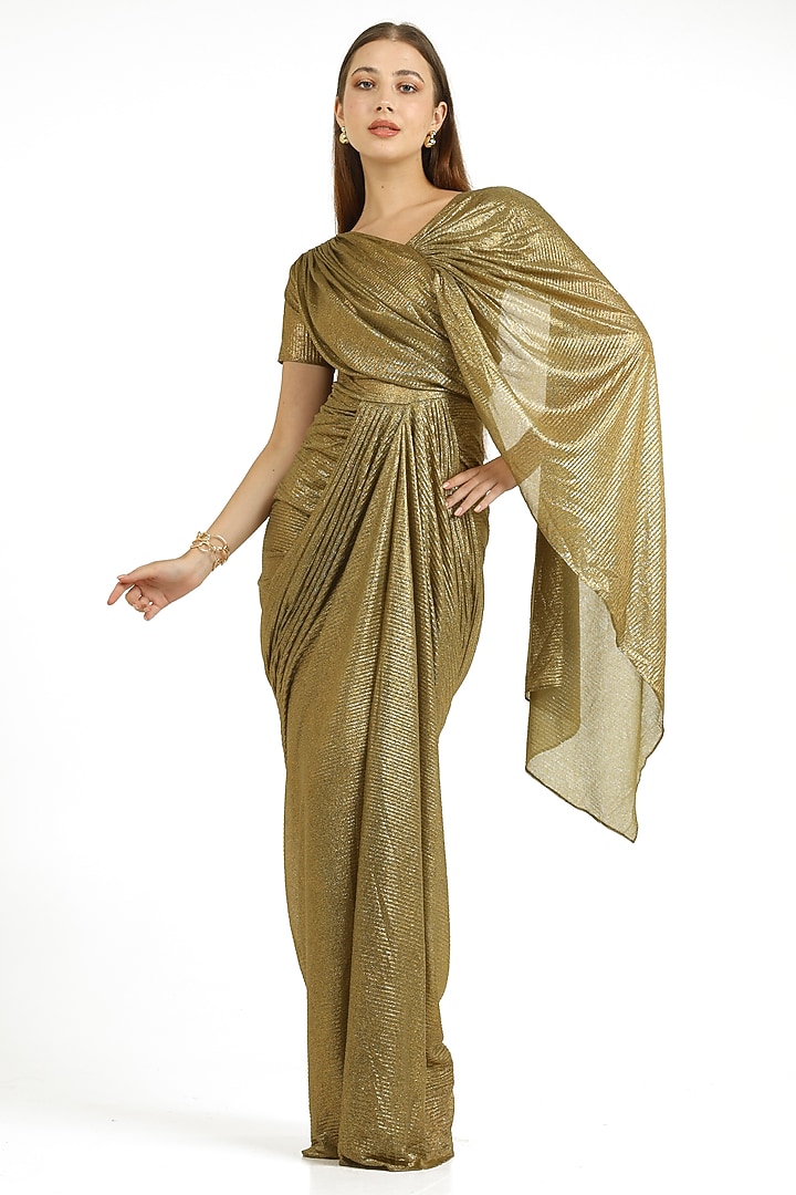 Gold Self Pleated Knit Party Wear Gown by CHAM CHAM at Pernia's Pop Up Shop