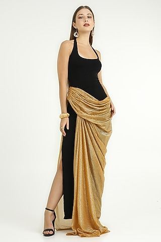 Black & Gold Stretch Knit Gown by CHAM CHAM