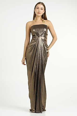 Antique Gold Knit Foil Off-Shoulder Draped Gown by CHAM CHAM