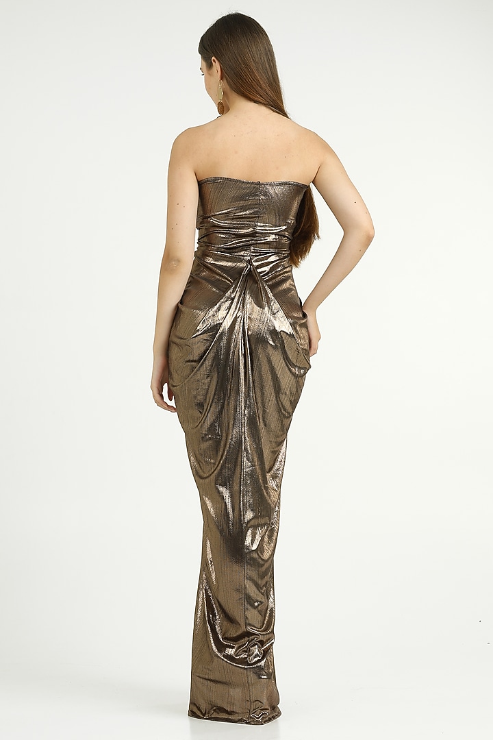 Antique Gold Knit Foil Off-Shoulder Draped Gown by CHAM CHAM at Pernia's Pop Up Shop