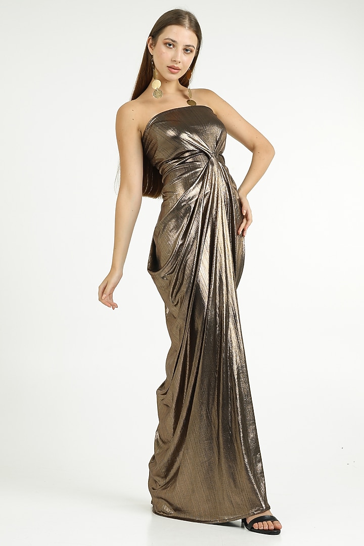 Antique Gold Knit Foil Off-Shoulder Draped Gown by CHAM CHAM at Pernia's Pop Up Shop