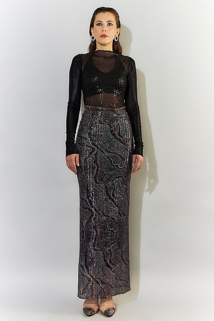 Metallic Black Stretch Sequins & Knit Lame Sequins Gown by CHAM CHAM at Pernia's Pop Up Shop