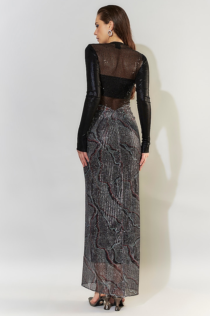 Metallic Black Stretch Sequins & Knit Lame Sequins Gown by CHAM CHAM at Pernia's Pop Up Shop
