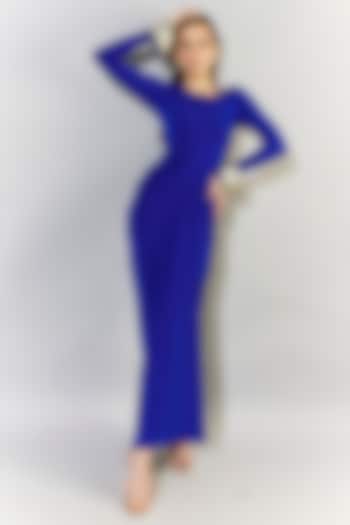 Electric Blue Stretch Knit Draped Gown by CHAM CHAM