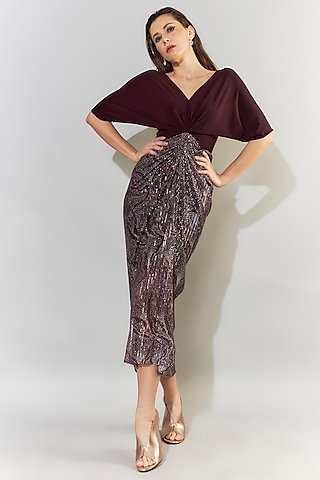 Wine Stretch Knit Draped Midi Dress by CHAM CHAM