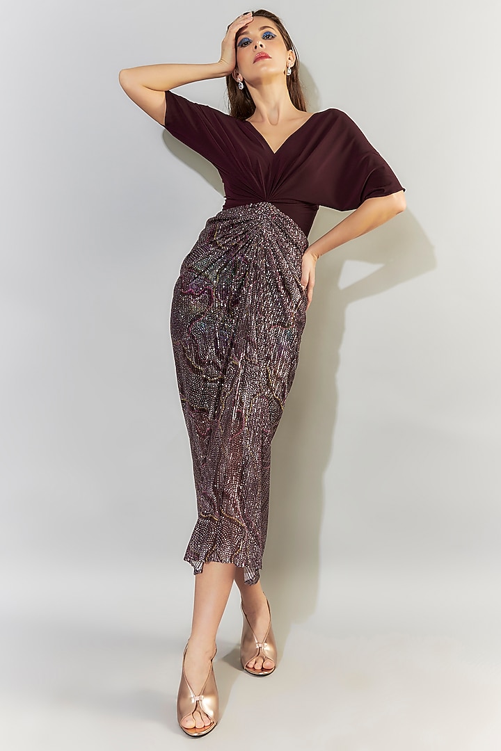 Wine Stretch Knit Draped Midi Summer Dress by CHAM CHAM at Pernia's Pop Up Shop