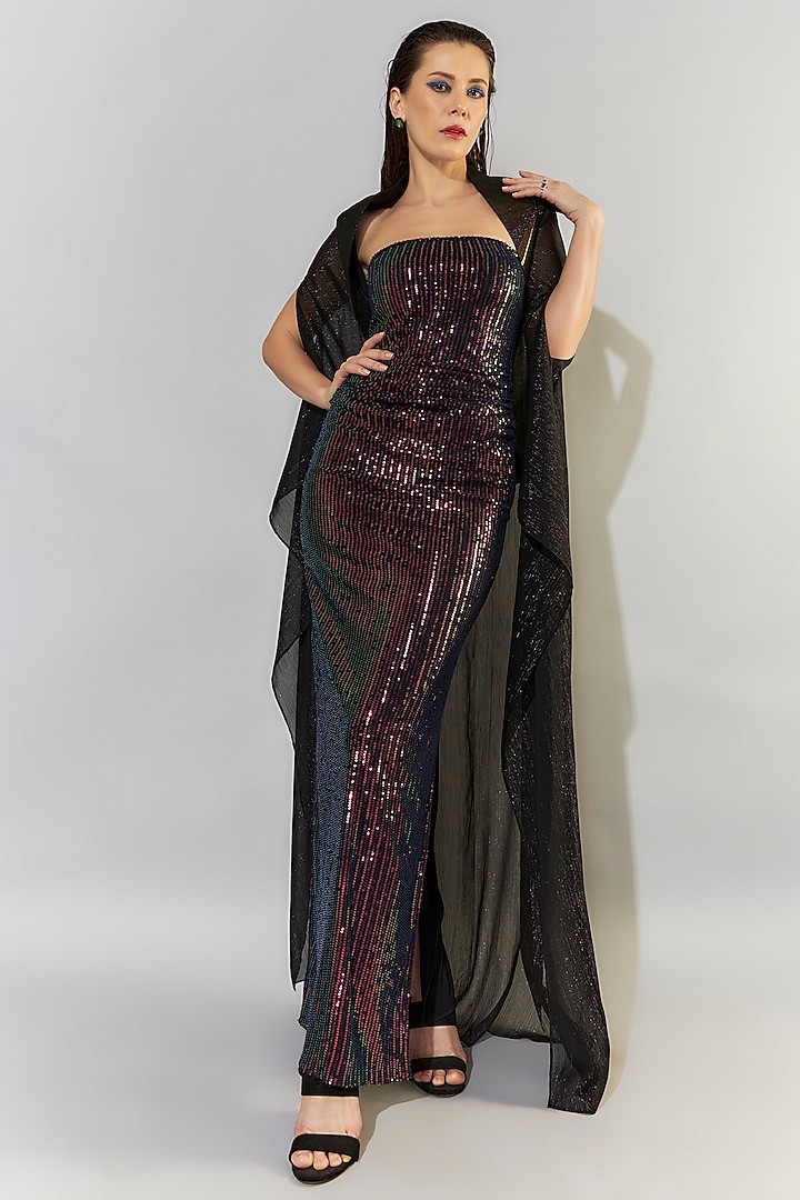 Black Stretch Knit & Sequins Dual-Tone Off-Shoulder Party Wear Gown With Jacket by CHAM CHAM at Pernia's Pop Up Shop