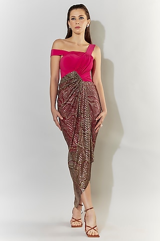 Fuchsia Pink Stretch Knit Draped Strappy Dress by CHAM CHAM