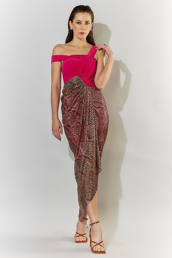 Fuchsia Pink Stretch Knit Draped Strappy Summer Dress by CHAM CHAM at Pernia's Pop Up Shop