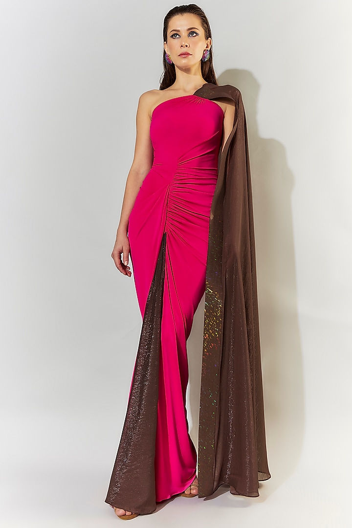 Pink & Brown Stretch Knit One-Shoulder Gown by CHAM CHAM