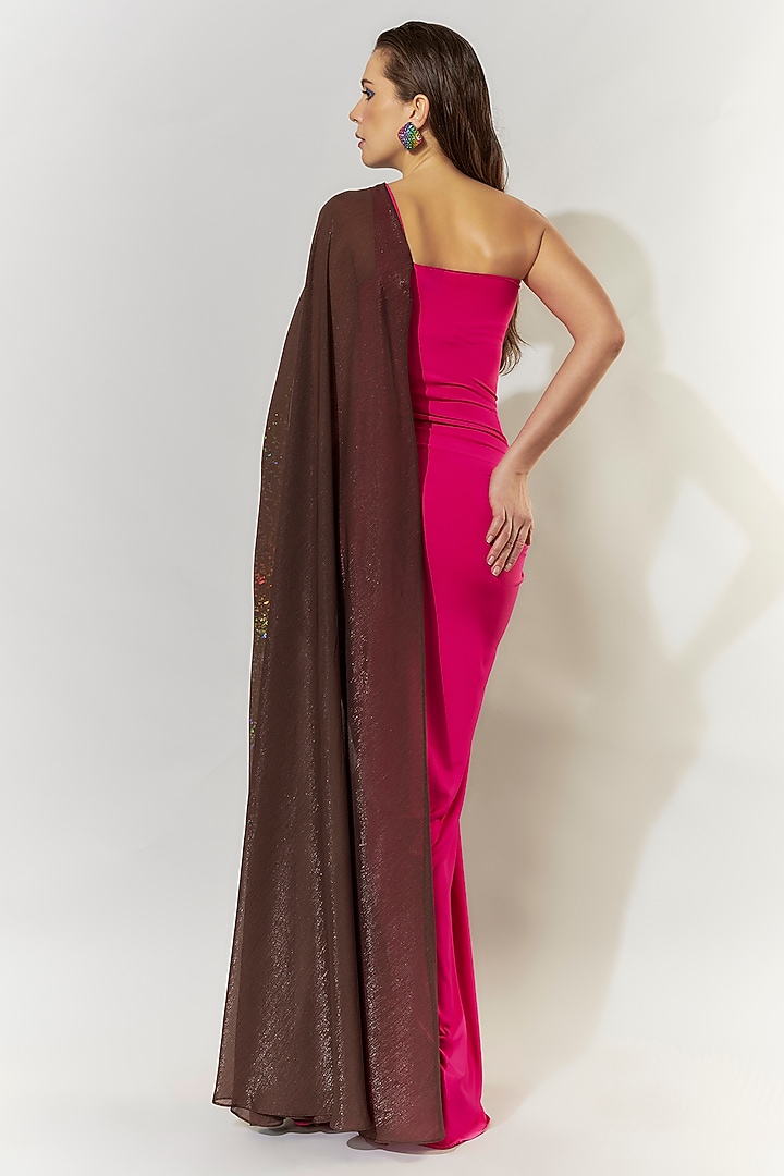 Pink & Brown Stretch Knit One-Shoulder Party Wear Gown by CHAM CHAM at Pernia's Pop Up Shop