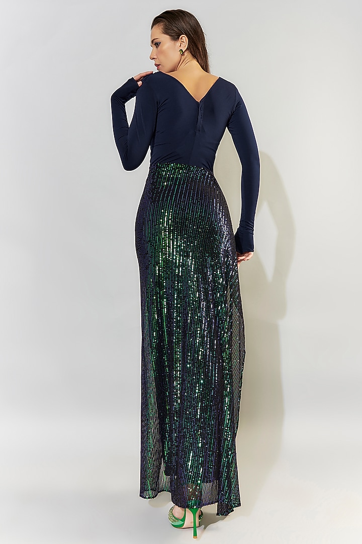 Blue Stretch Knit & Stretch Sequins Jumpsuit With Detachable Drape by CHAM CHAM at Pernia's Pop Up Shop