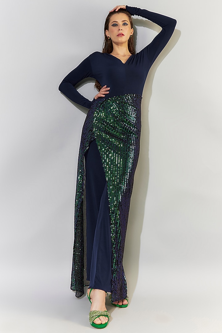 Blue Stretch Knit & Stretch Sequins Jumpsuit With Detachable Drape by CHAM CHAM at Pernia's Pop Up Shop
