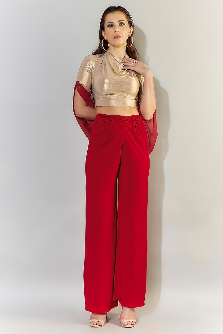 Red Stretch Knit Overlap Pant Set by CHAM CHAM