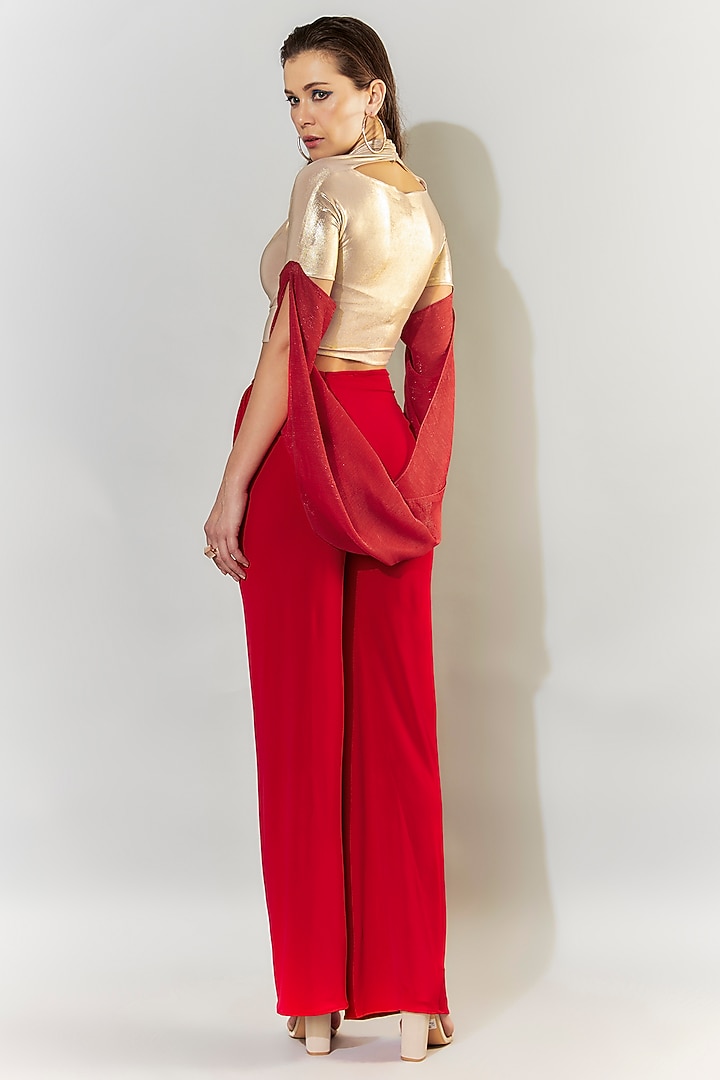 Red Stretch Knit Overlap Pant Set by CHAM CHAM at Pernia's Pop Up Shop