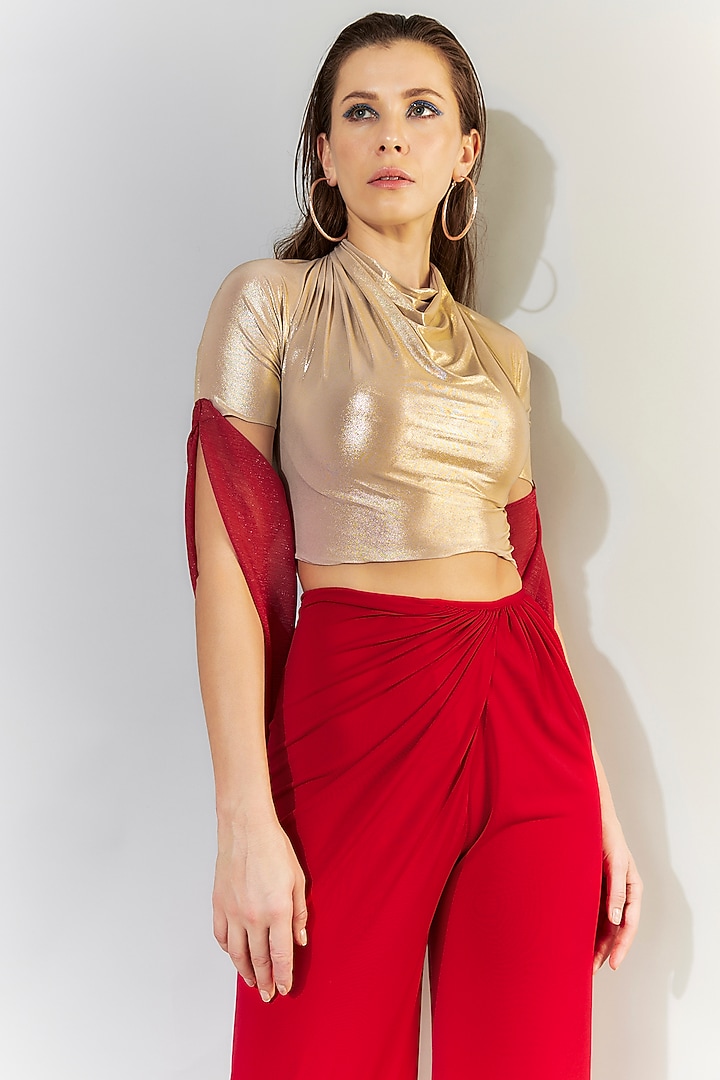 Red Stretch Knit Overlap Pant Set by CHAM CHAM at Pernia's Pop Up Shop