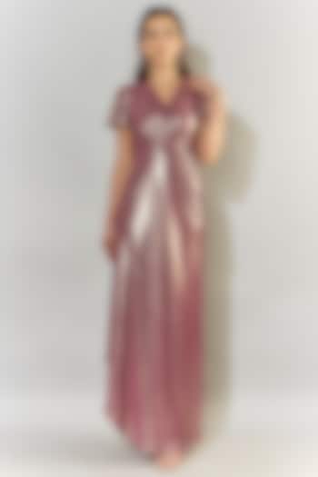 Metallic Dusty Pink Stretch Lame & Sequins Draped Gown by CHAM CHAM