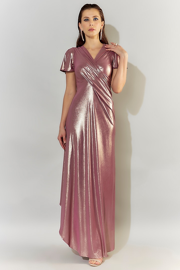 Metallic Dusty Pink Stretch Lame & Sequins Draped Gown by CHAM CHAM