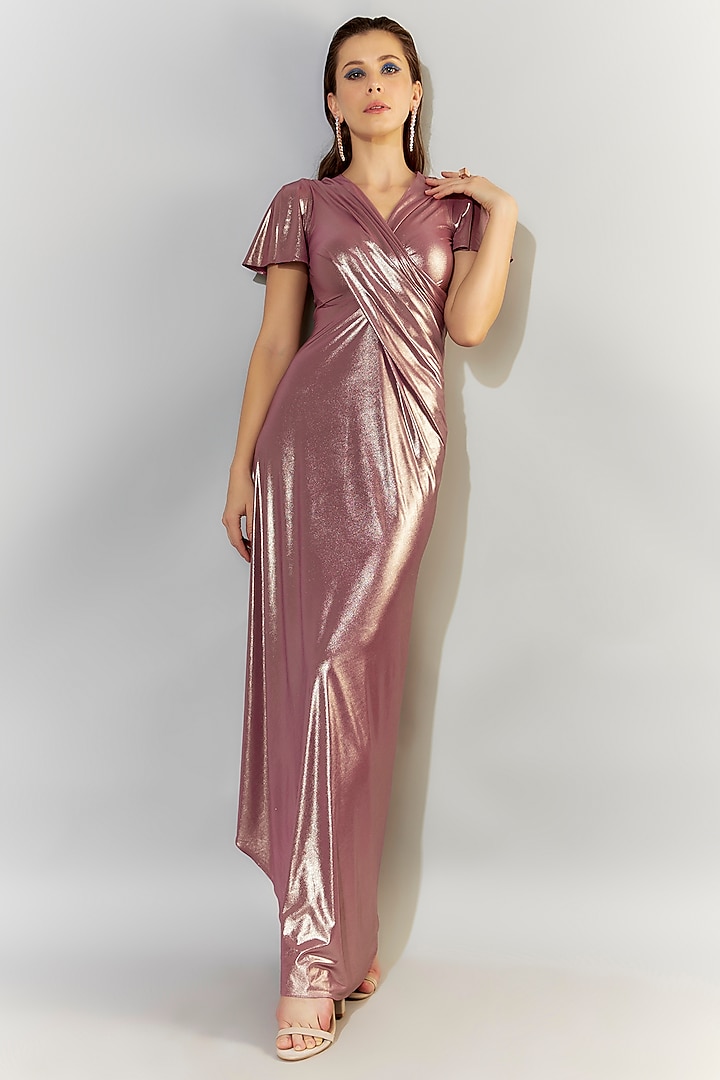 Metallic Dusty Pink Stretch Lame & Sequins Draped Gown by CHAM CHAM at Pernia's Pop Up Shop