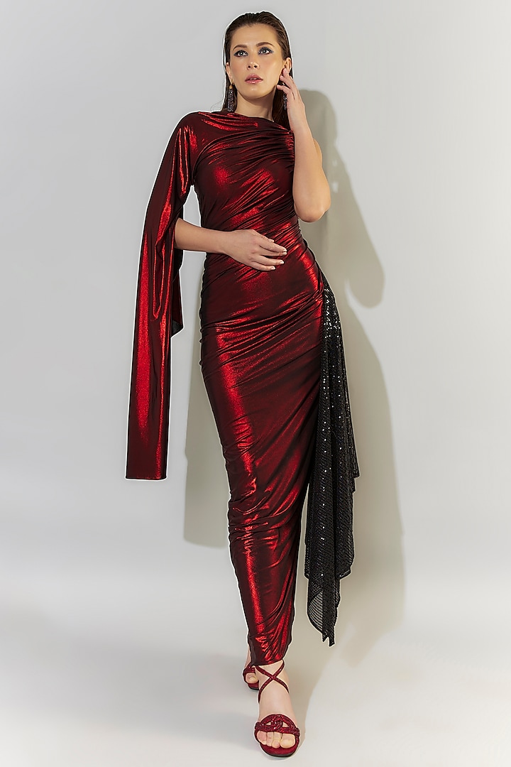 Red Stretch Knit Foil & Sequins Draped Bodycon Gown by CHAM CHAM