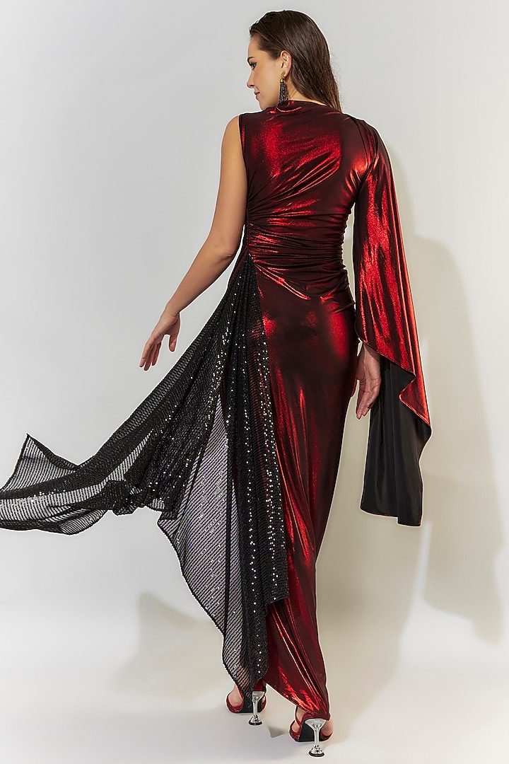 Red Stretch Knit Foil & Sequins Draped Bodycon Gown by CHAM CHAM at Pernia's Pop Up Shop