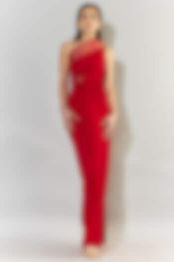 Red Stretch Knit Draped One-Shoulder Gown by CHAM CHAM