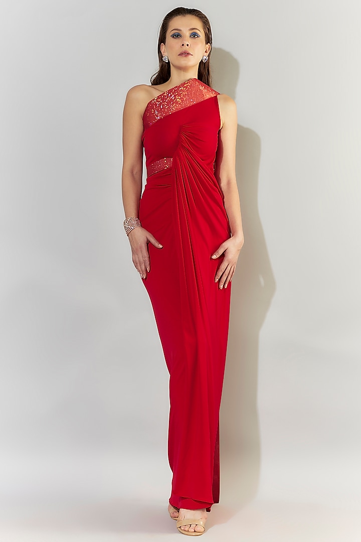 Red Stretch Knit Draped One-Shoulder Gown by CHAM CHAM