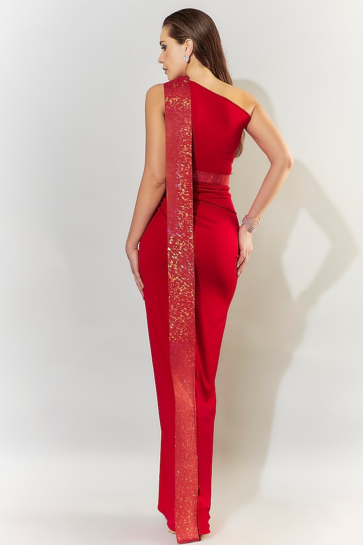 Red Stretch Knit Draped One-Shoulder Party Wear Gown by CHAM CHAM at Pernia's Pop Up Shop