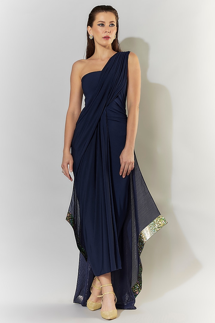 Blue Stretch Knit & Chiffon Flared One-Shoulder Gown by CHAM CHAM
