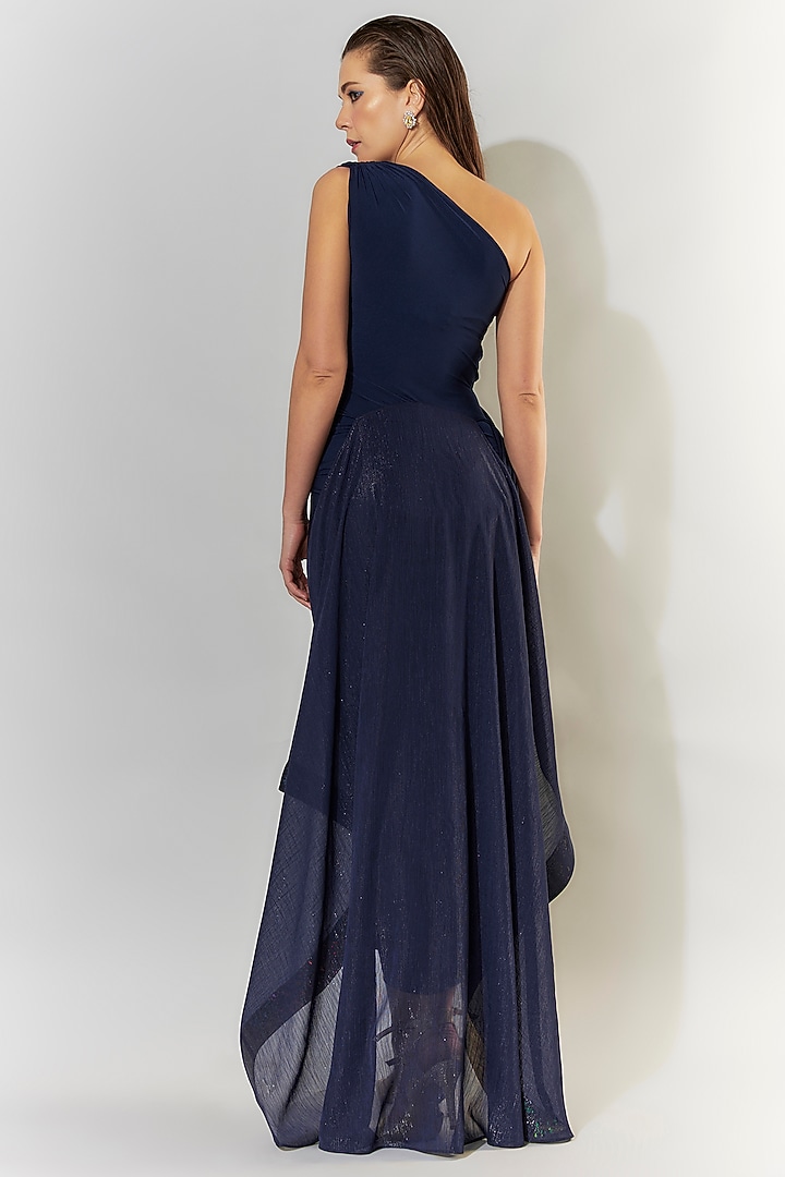 Blue Stretch Knit & Chiffon Flared One-Shoulder Party Wear Gown by CHAM CHAM at Pernia's Pop Up Shop