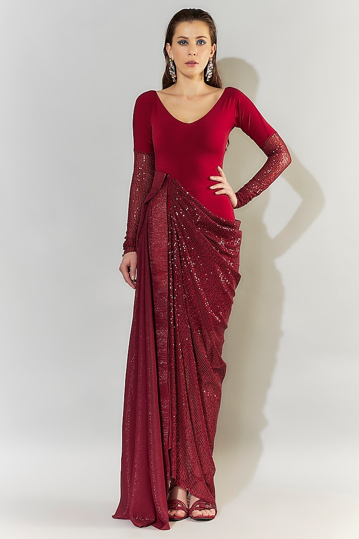 Red Stretch Knit & Chiffon Draped Gown by CHAM CHAM