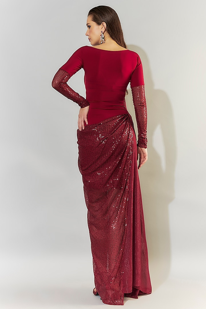 Red Stretch Knit & Chiffon Draped Party Wear Gown by CHAM CHAM at Pernia's Pop Up Shop