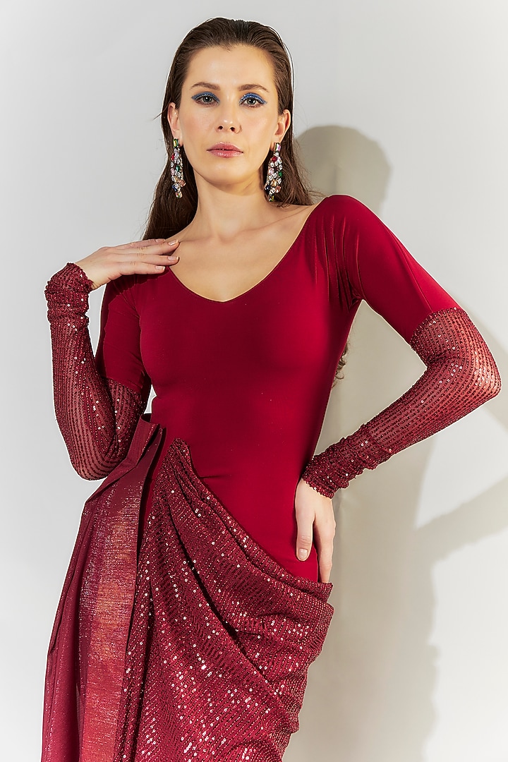 Red Stretch Knit & Chiffon Draped Party Wear Gown by CHAM CHAM at Pernia's Pop Up Shop