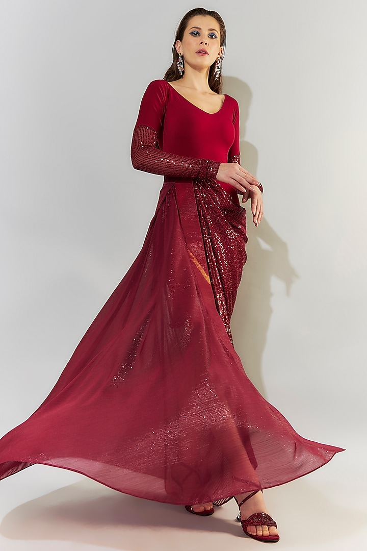 Red Stretch Knit & Chiffon Draped Party Wear Gown by CHAM CHAM at Pernia's Pop Up Shop