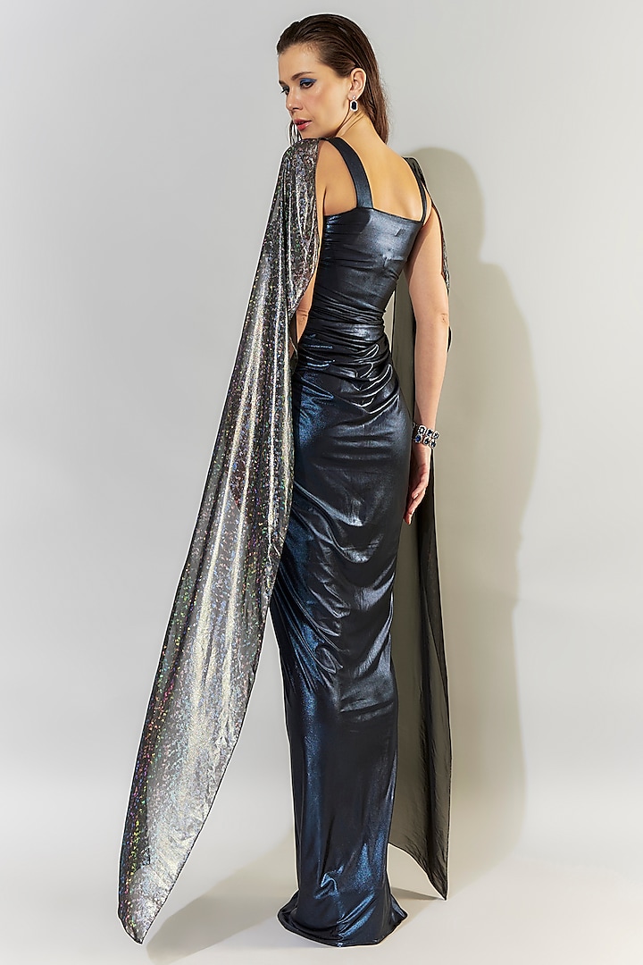 Metallic Blue Stretch Lame & Chiffon Foil Printed Party Wear Gown by CHAM CHAM at Pernia's Pop Up Shop