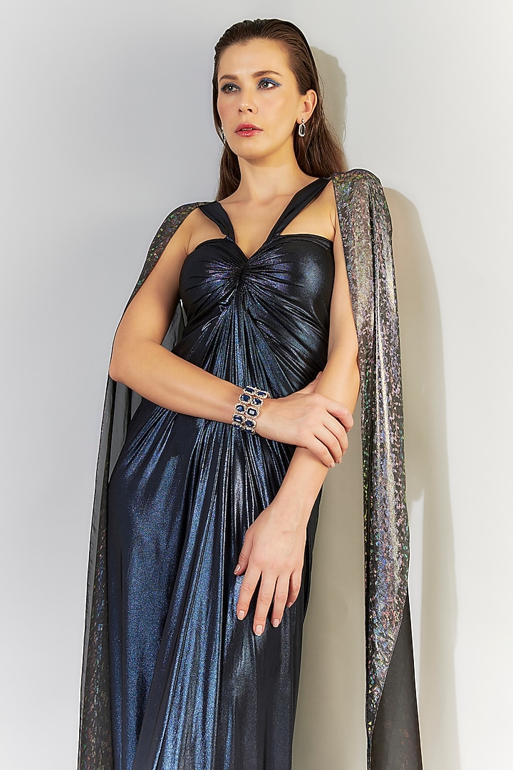 Metallic Blue Stretch Lame & Chiffon Foil Printed Party Wear Gown by CHAM CHAM at Pernia's Pop Up Shop