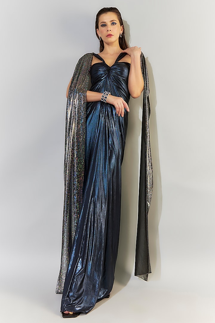 Metallic Blue Stretch Lame & Chiffon Foil Printed Party Wear Gown by CHAM CHAM at Pernia's Pop Up Shop