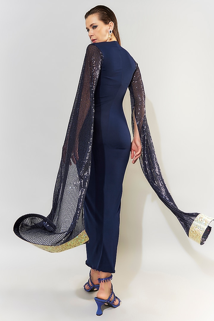Blue Stretch Knit & Sequins Pencil Summer Dress by CHAM CHAM at Pernia's Pop Up Shop