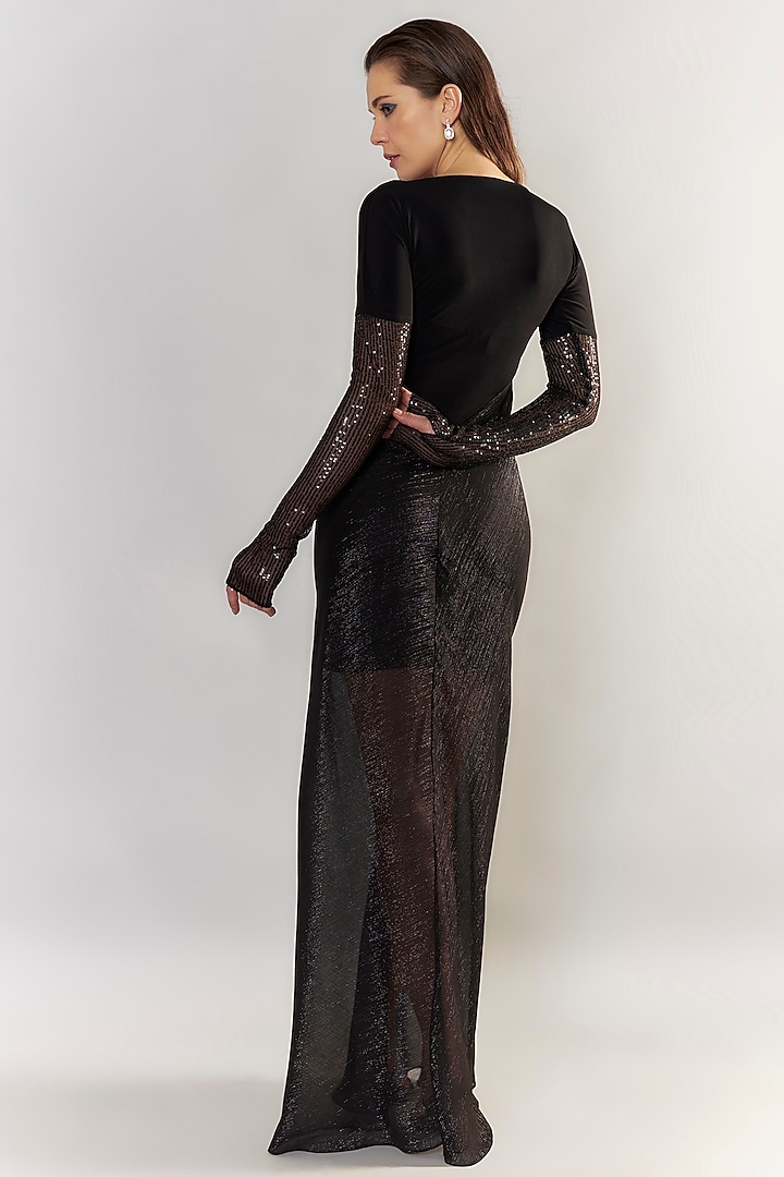 Black Stretch Knit & Chiffon Flared Gown by CHAM CHAM at Pernia's Pop Up Shop