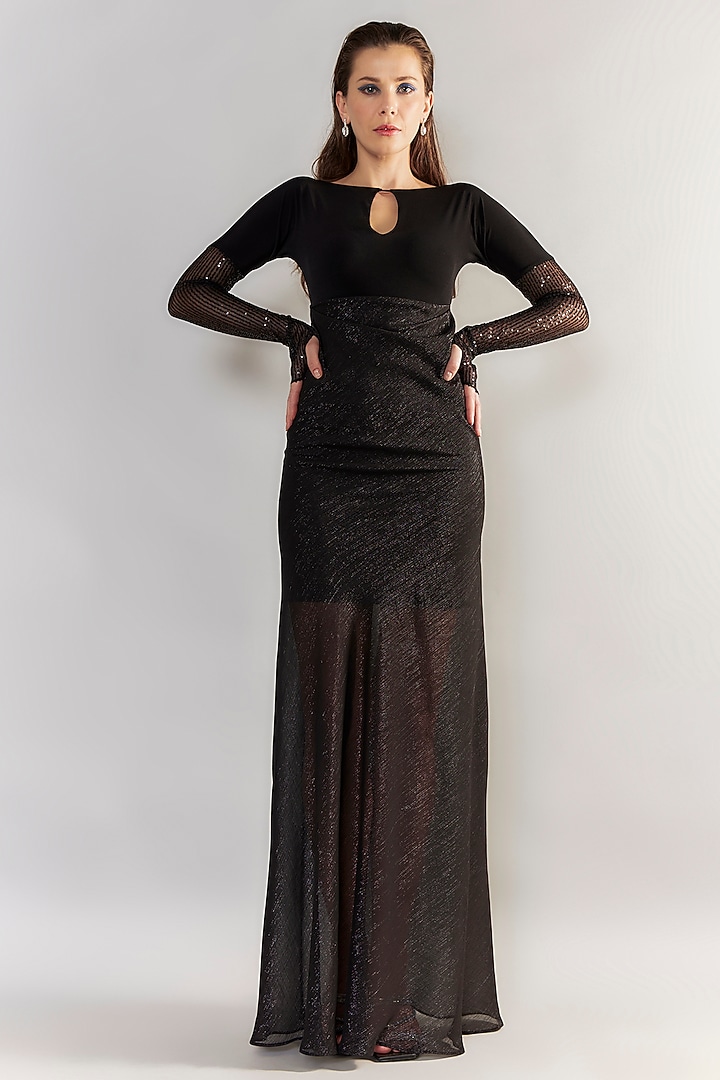 Black Stretch Knit & Chiffon Flared Gown by CHAM CHAM at Pernia's Pop Up Shop