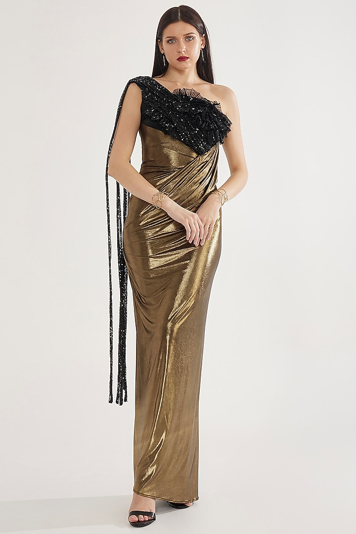 Bronze Stretch Knit Foil Applique Frilled One-Shoulder Draped Gown by CHAM CHAM at Pernia's Pop Up Shop