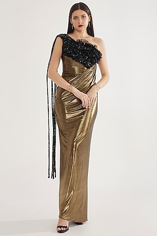 Bronze Stretch Knit Foil Applique Frilled One-Shoulder Draped Gown by CHAM CHAM
